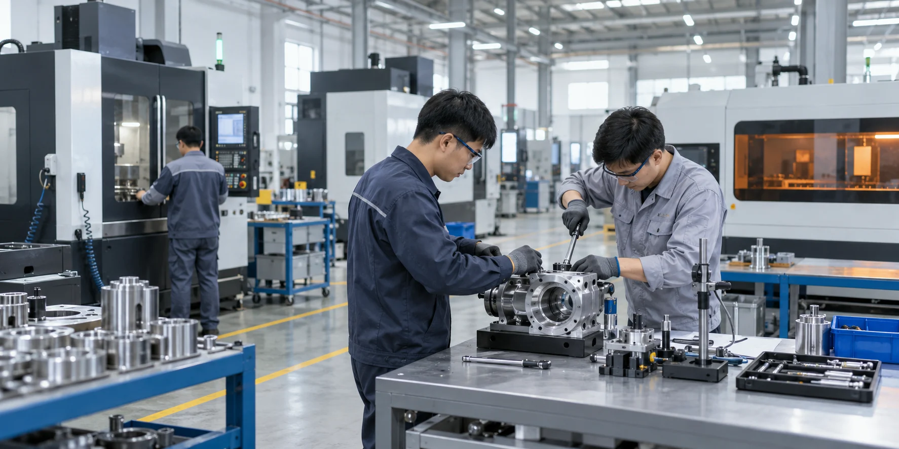 Engineers assembling and testing machinery